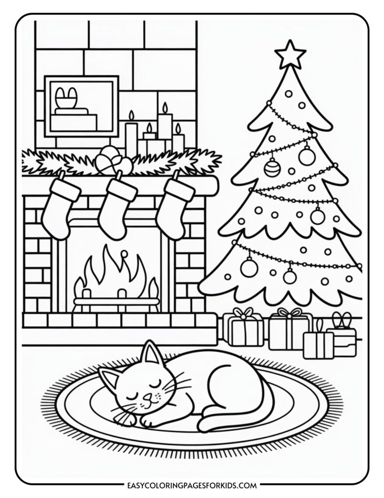 A coloring page featuring a cozy Christmas scene with a cat sleeping on a rug in front of a fireplace. The fireplace is adorned with three stockings and surrounded by candles and a garland. A decorated Christmas tree with ornaments and presents underneath is nearby.