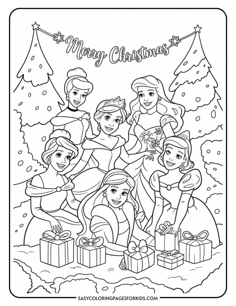A Christmas-themed coloring page featuring six princesses in festive attire, surrounded by decorated Christmas trees and a stack of wrapped presents. The words 'Merry Christmas' are displayed at the top of the page.