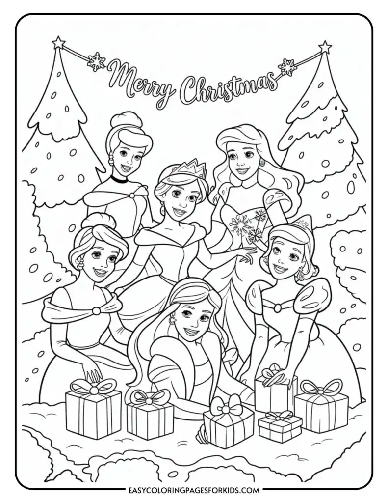 A Christmas-themed coloring page featuring six princesses in festive attire, surrounded by decorated Christmas trees and a stack of wrapped presents. The words 'Merry Christmas' are displayed at the top of the page.
