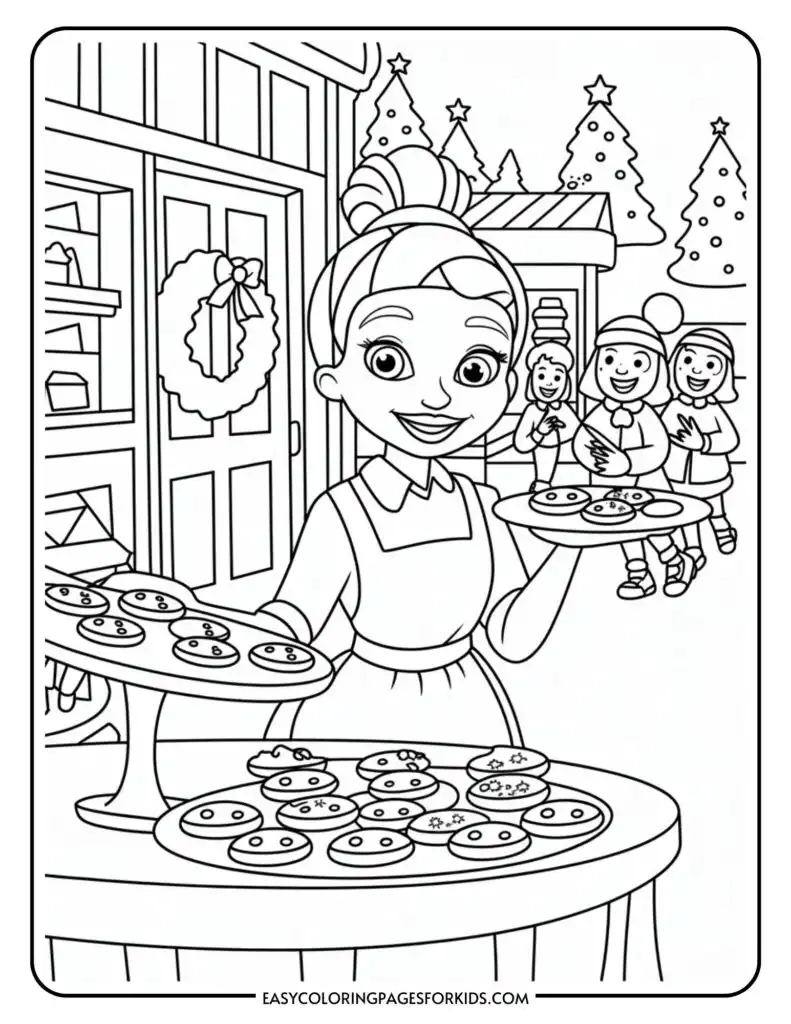 A woman wearing an apron holds a tray of decorated cookies, smiling in front of a festive bakery setting. Christmas trees and children holding cookies are visible in the background.