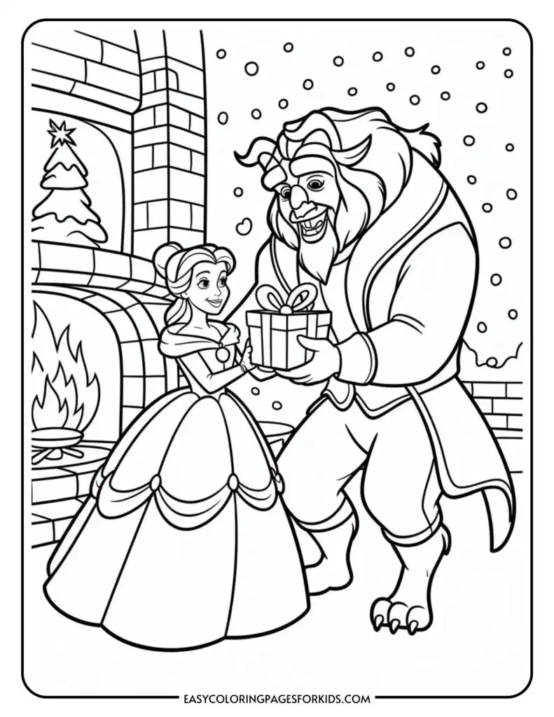 Illustration of a woman in a gown accepting a gift from a beast-like creature in front of a fireplace with a decorated tree and snowflakes outside.