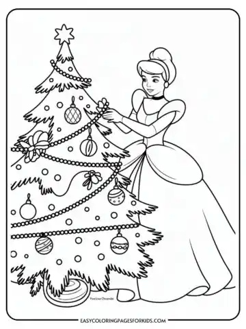 A line drawing of a princess in a gown decorating a Christmas tree with ornaments and garlands.