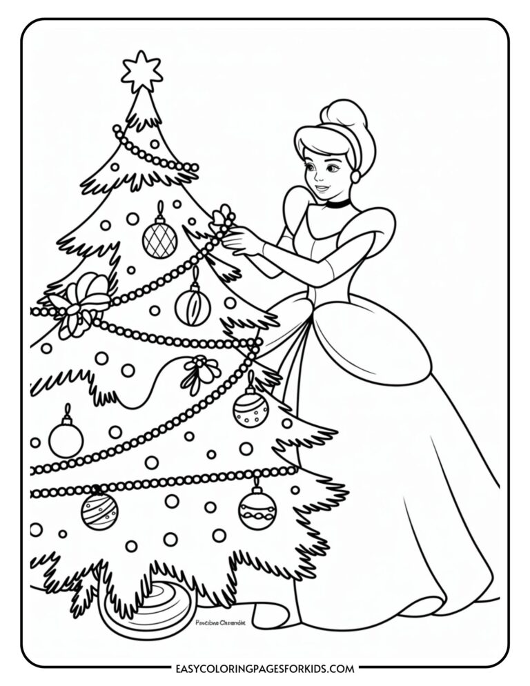 A line drawing of a princess in a gown decorating a Christmas tree with ornaments and garlands.