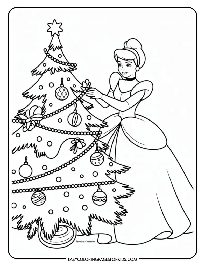 A line drawing of a princess in a gown decorating a Christmas tree with ornaments and garlands.