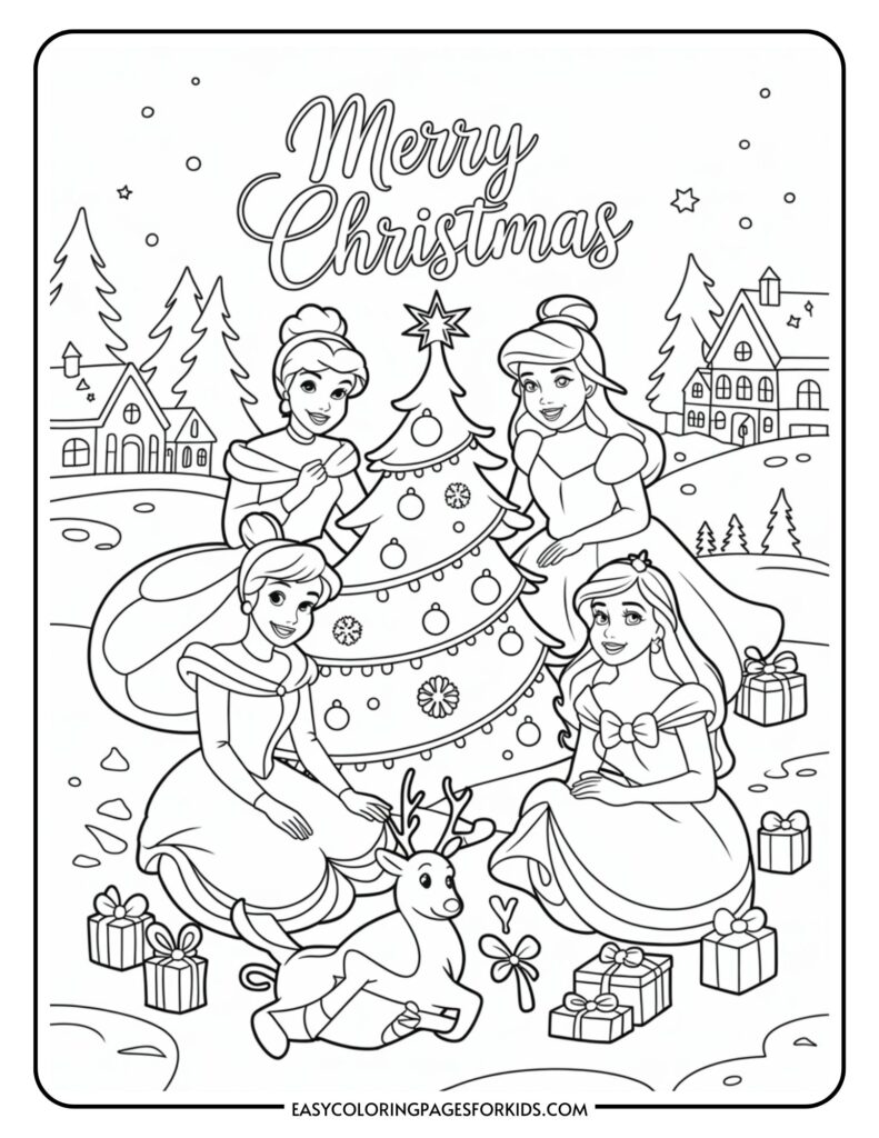 Four animated princesses in winter attire are gathered around a decorated Christmas tree with a small reindeer, surrounded by gifts in a snowy village setting, with 'Merry Christmas' written above.