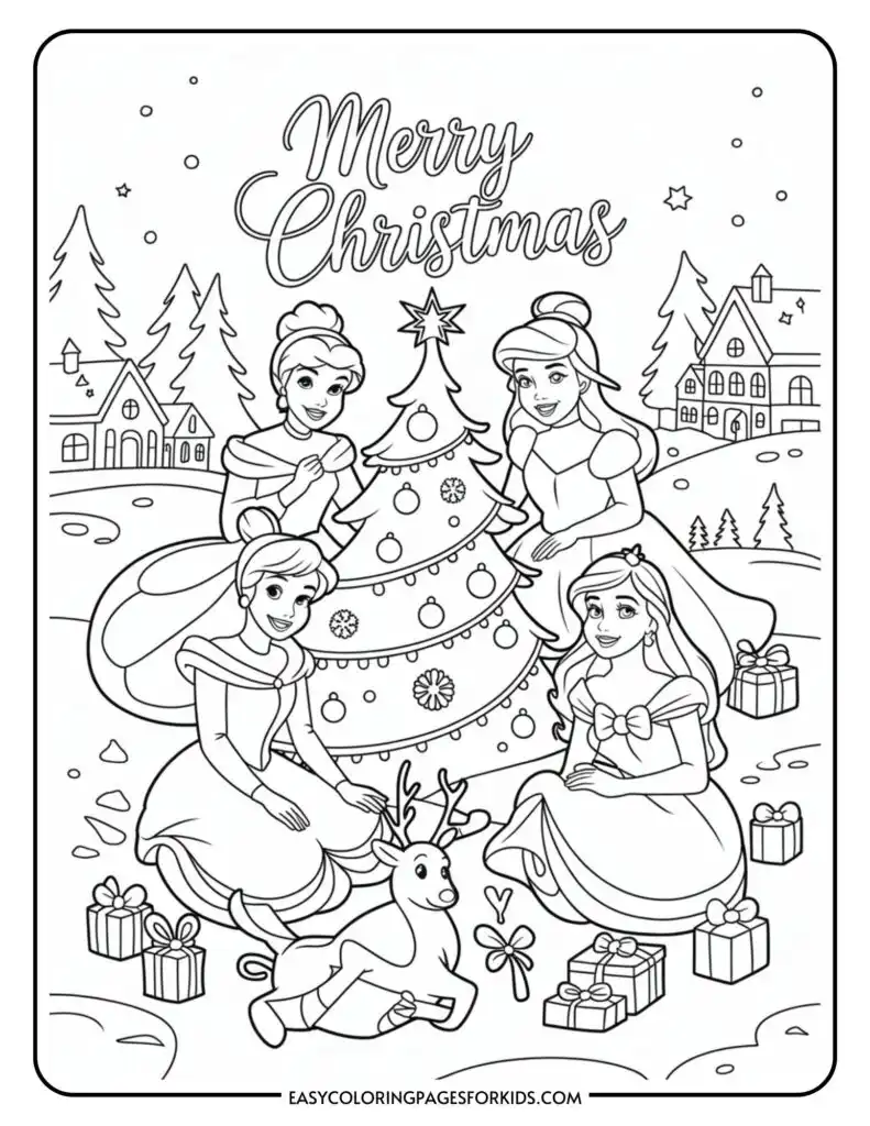 Four animated princesses in winter attire are gathered around a decorated Christmas tree with a small reindeer, surrounded by gifts in a snowy village setting, with 'Merry Christmas' written above.
