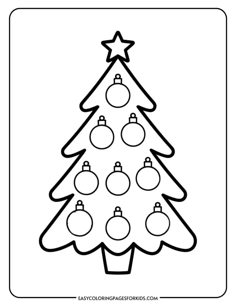 Black and white line drawing of a Christmas tree with a star on top, decorated with round ornaments.