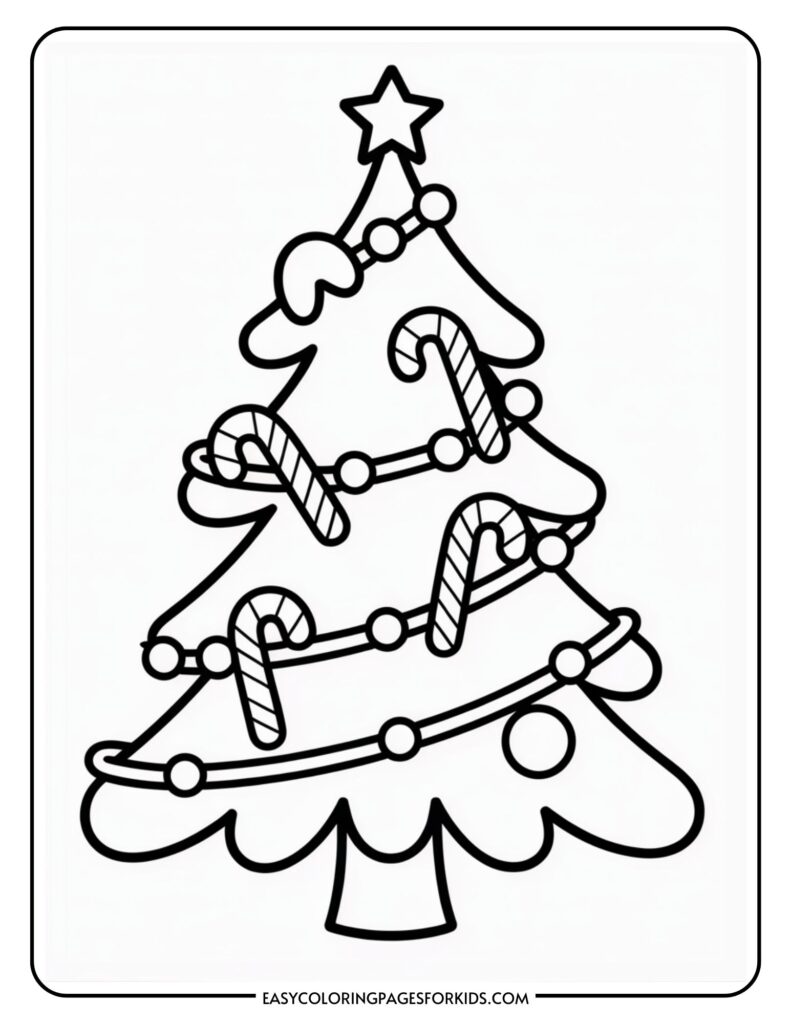 Black and white Christmas tree coloring page with candy canes, baubles, and a star on top.