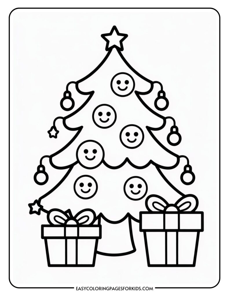 A coloring page of a Christmas tree adorned with smiling face ornaments and lights. A star tops the tree, and two wrapped gifts are placed at the base.