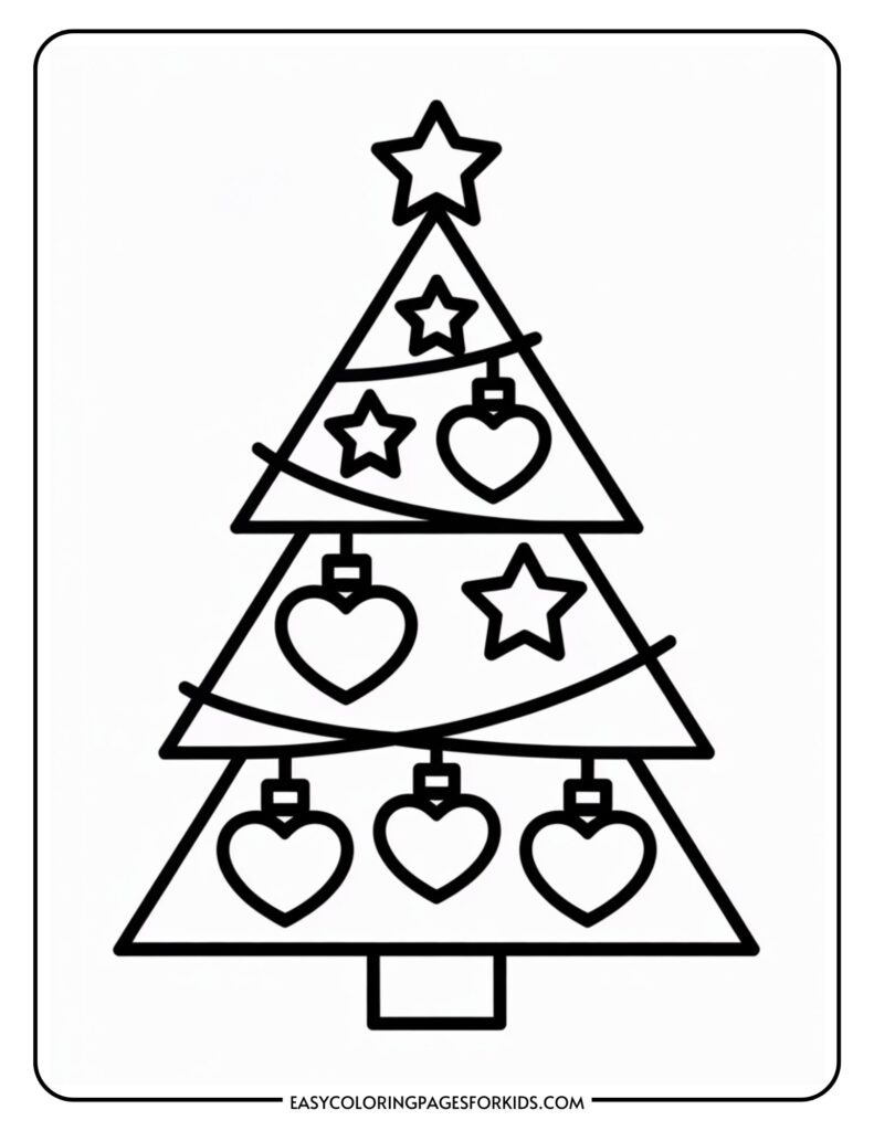 A simple black and white drawing of a Christmas tree with ornaments shaped like stars and hearts, and a star at the top.