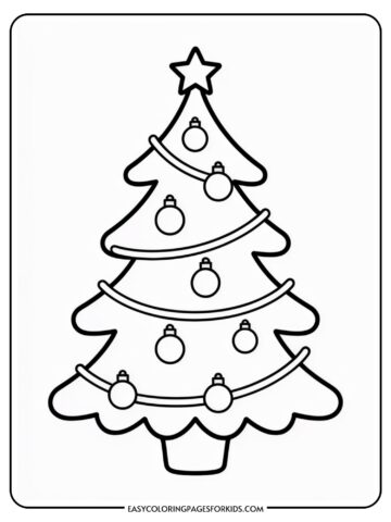 A simple black and white outline drawing of a decorated Christmas tree with a star on top, hanging ornaments, and garlands.