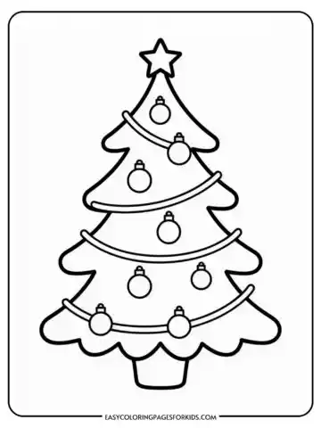 A simple black and white outline drawing of a decorated Christmas tree with a star on top, hanging ornaments, and garlands.