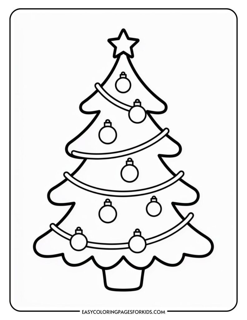 A simple black and white outline drawing of a decorated Christmas tree with a star on top, hanging ornaments, and garlands.