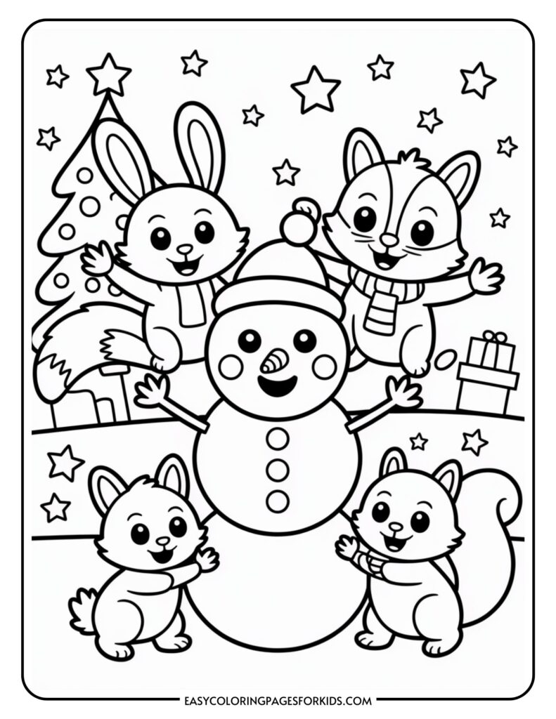 A festive coloring page featuring a cheerful snowman surrounded by happy woodland animals including two rabbits and two squirrels, set against a backdrop of stars and a decorated Christmas tree.