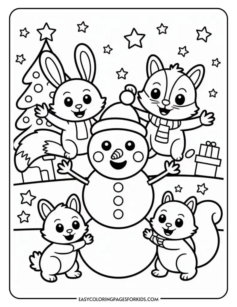 A festive coloring page featuring a cheerful snowman surrounded by happy woodland animals including two rabbits and two squirrels, set against a backdrop of stars and a decorated Christmas tree.