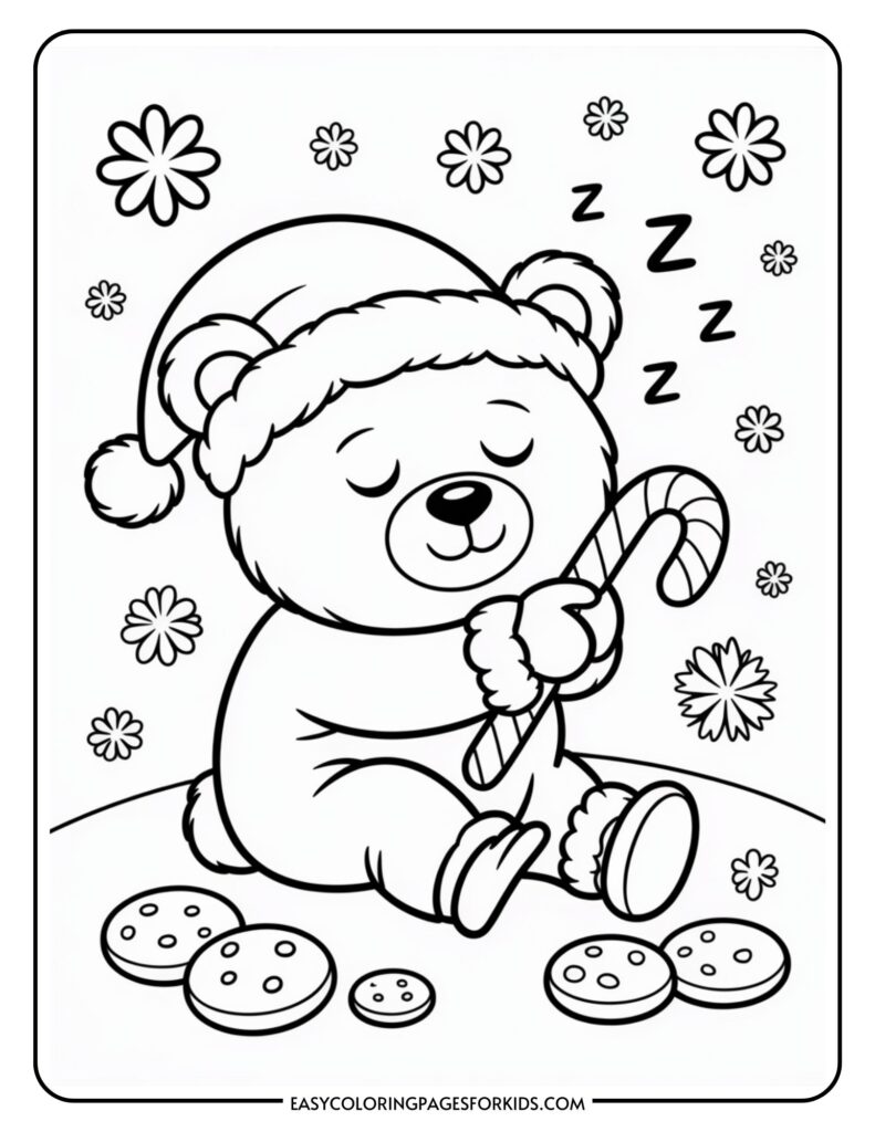 A coloring page featuring a cute bear wearing a Santa hat and pajamas, sleeping while holding a candy cane. The bear is surrounded by cookies and decorative flowers, conveying a festive and cozy scene.
