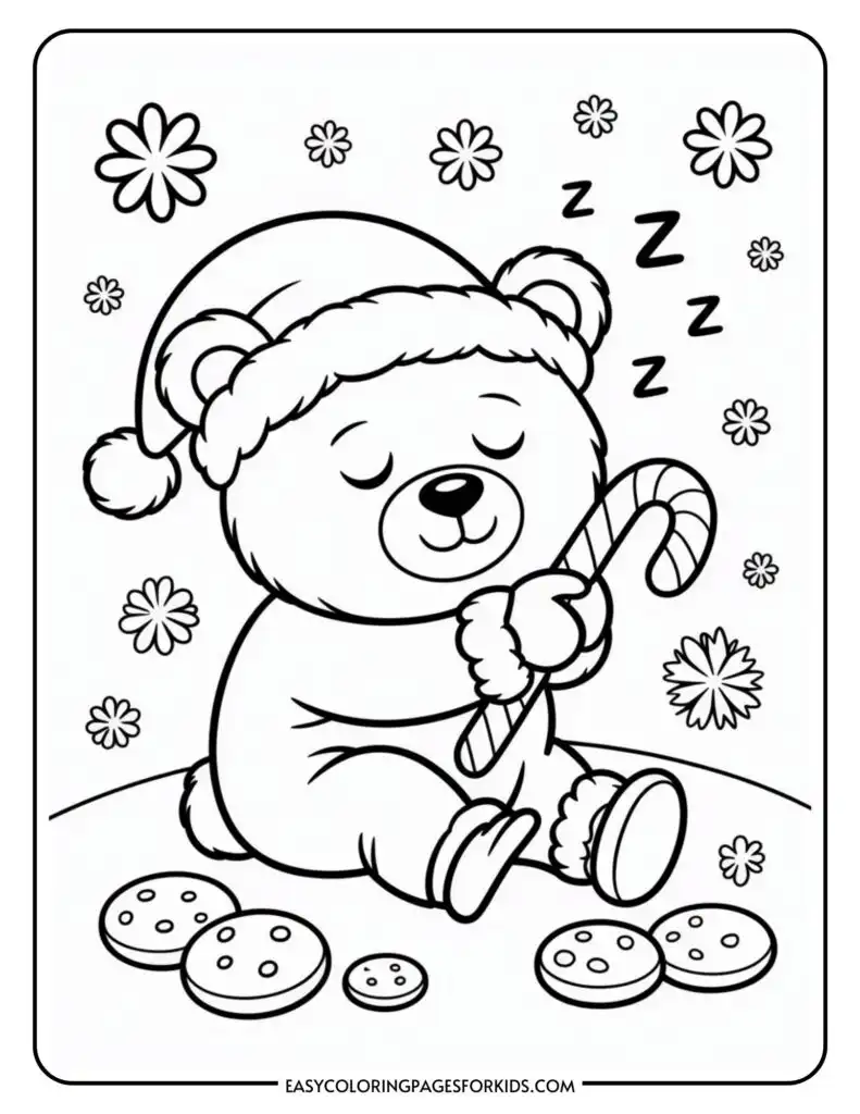 A coloring page featuring a cute bear wearing a Santa hat and pajamas, sleeping while holding a candy cane. The bear is surrounded by cookies and decorative flowers, conveying a festive and cozy scene.