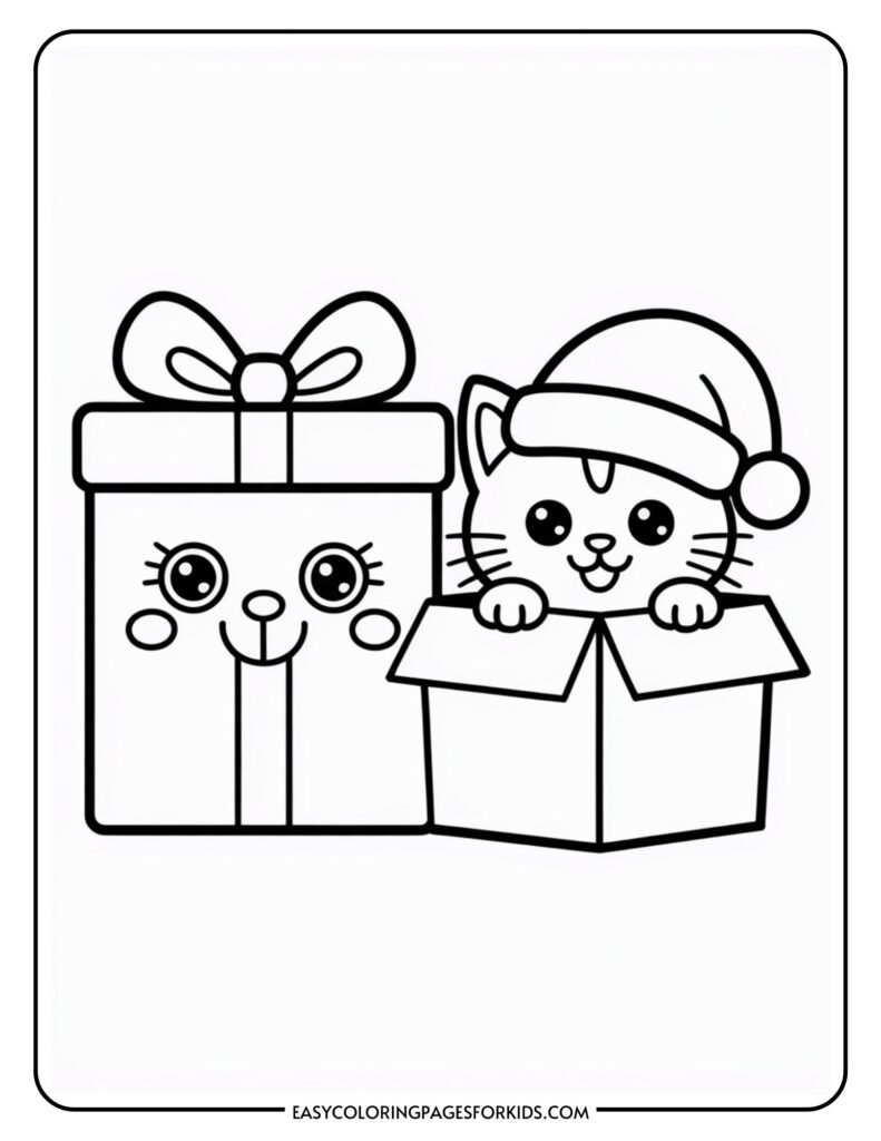 A cartoon drawing of a cute kitten wearing a Santa hat popping out of an open box next to a smiling gift box with a bow.