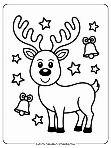 Coloring page of a happy reindeer with large antlers surrounded by stars and two ringing bells.