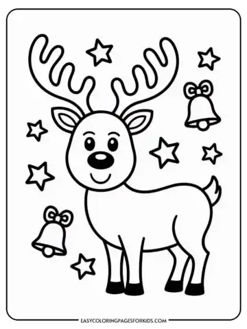 Coloring page of a happy reindeer with large antlers surrounded by stars and two ringing bells.