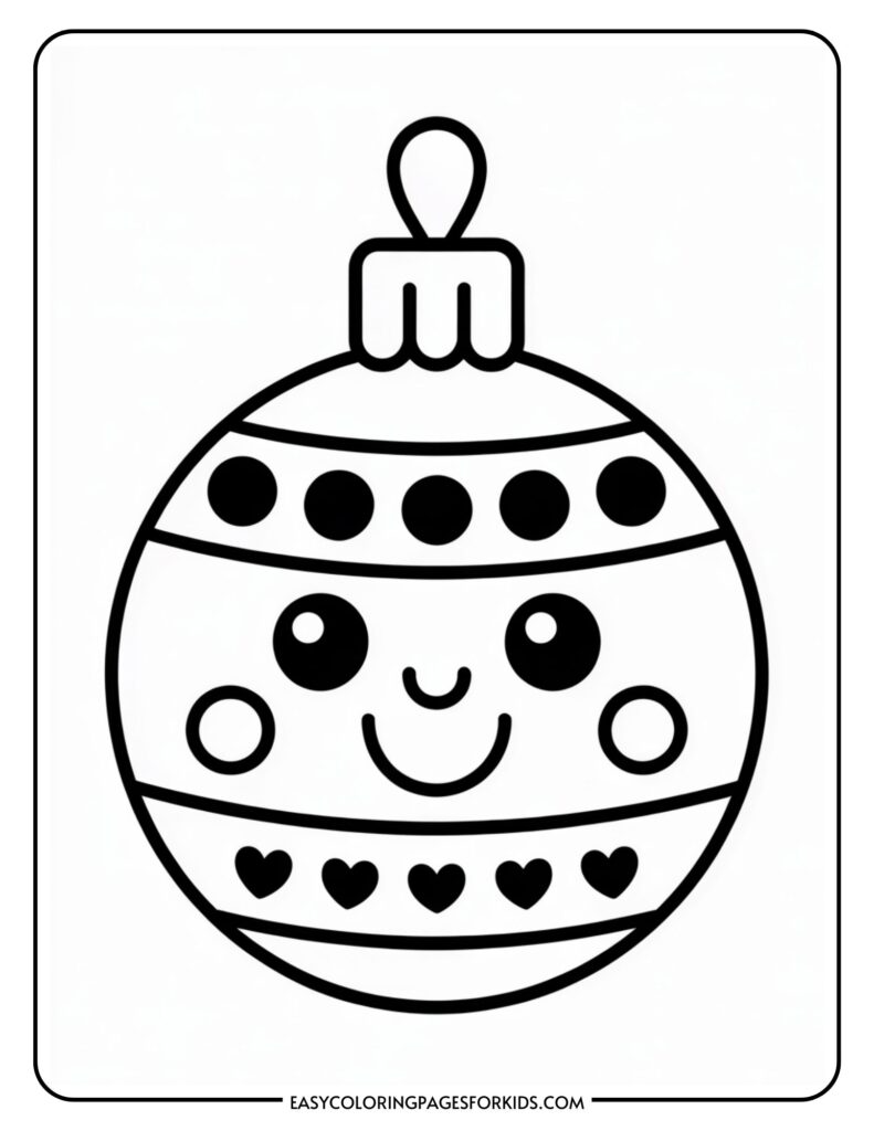 Black and white illustration of a Christmas ornament with a smiling face, featuring large eyes, a smile, and decorative patterns including circles and hearts.