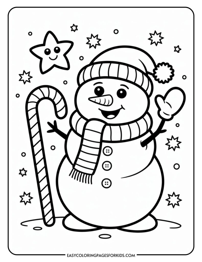 A cute snowman wearing a striped hat and scarf, holding a candy cane, surrounded by smiling stars and snowflakes in a festive coloring page.