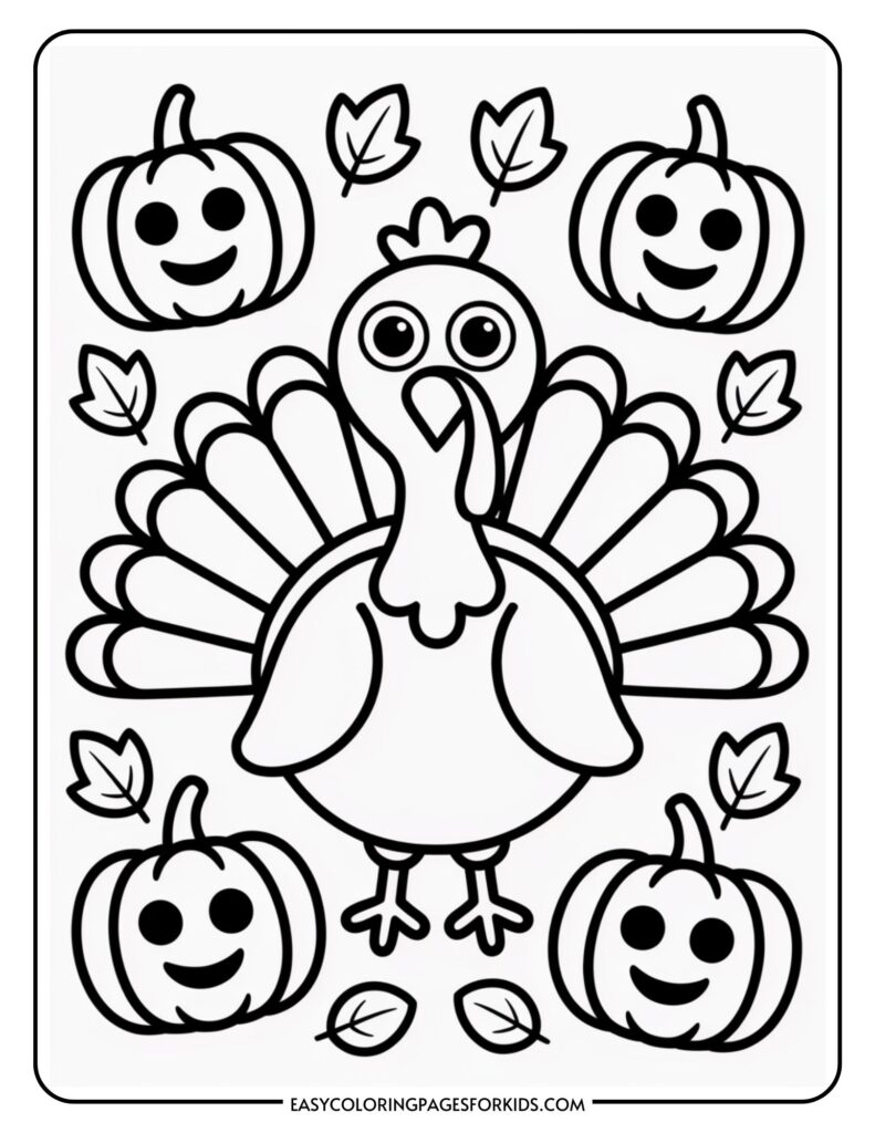 Black and white coloring page featuring a cartoon turkey surrounded by smiling pumpkins and scattered leaves.