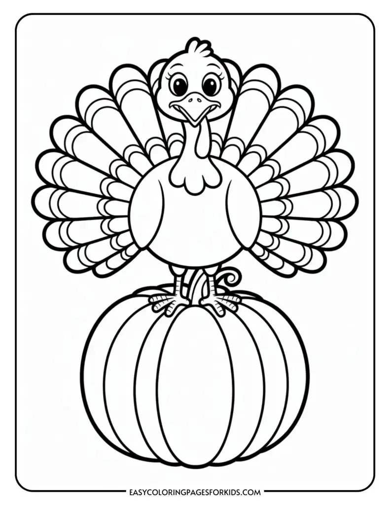 A coloring page featuring a cartoon turkey with large, detailed feathers, perched on top of a pumpkin.