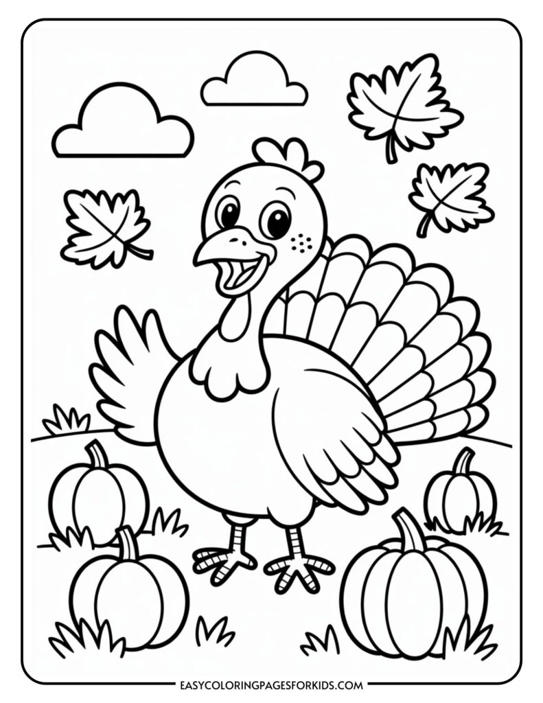 A cartoon turkey standing among pumpkins and falling leaves under a cloudy sky in a coloring page style illustration.