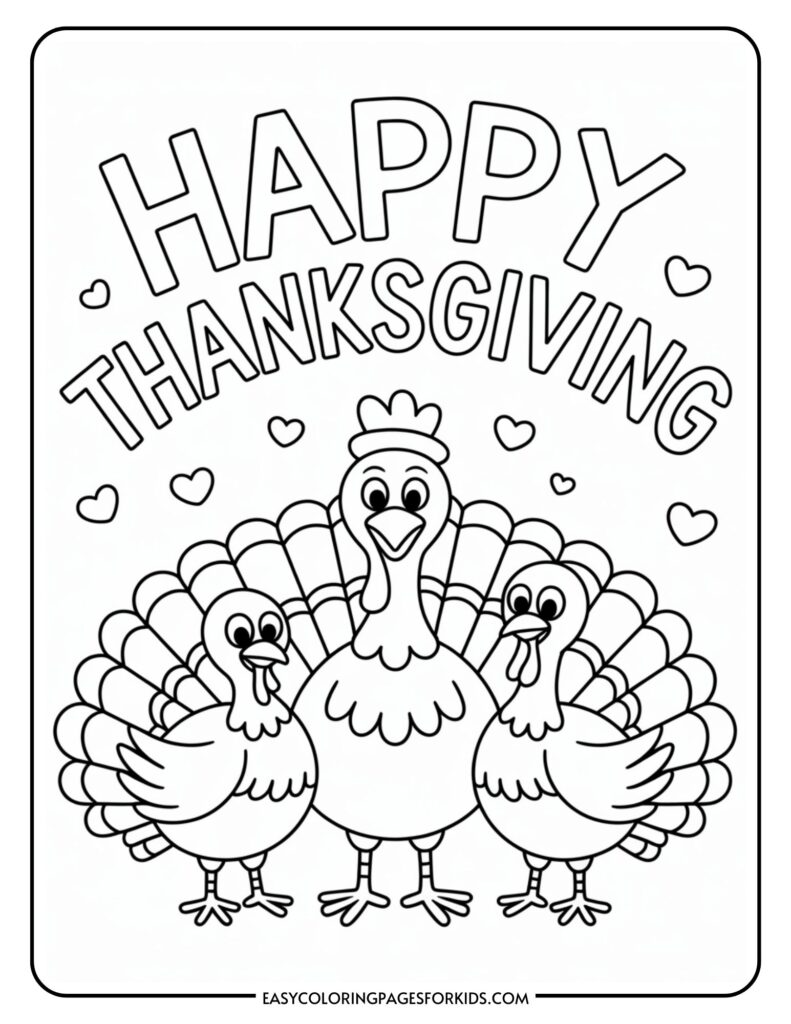 A coloring page with three cartoon turkeys standing together, surrounded by heart shapes, with the text 'Happy Thanksgiving' above them.