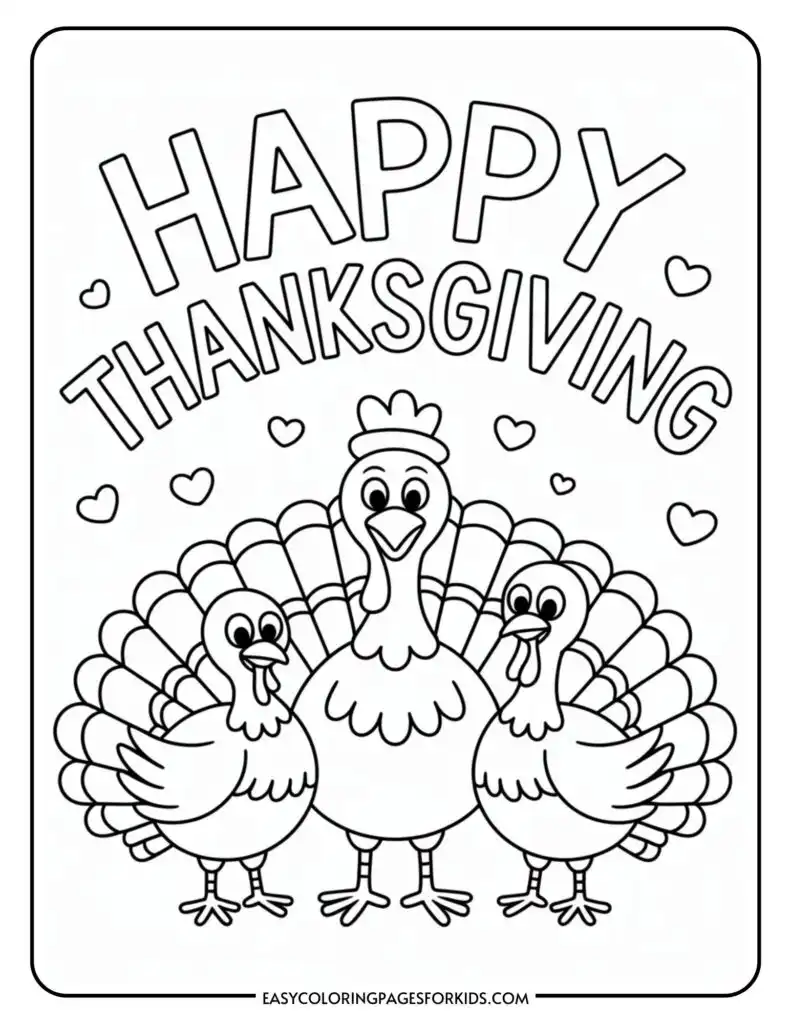 A coloring page with three cartoon turkeys standing together, surrounded by heart shapes, with the text 'Happy Thanksgiving' above them.
