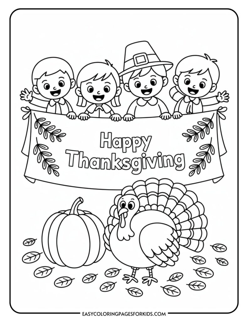 A coloring page with four children holding a banner that reads 'Happy Thanksgiving,' with one child wearing a Pilgrim hat. Below, there's a turkey, a pumpkin, and several leaves on the ground.