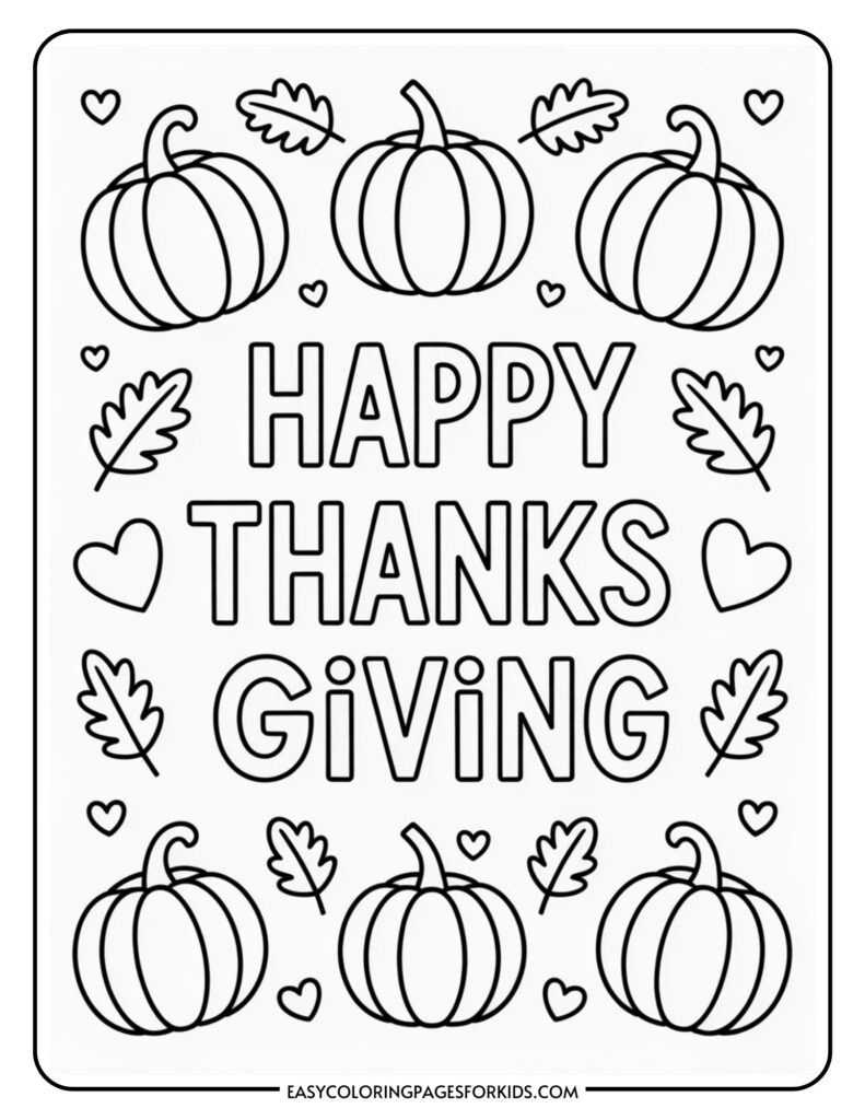 A black and white coloring page featuring the words "Happy Thanksgiving" surrounded by pumpkins, leaves, and hearts.