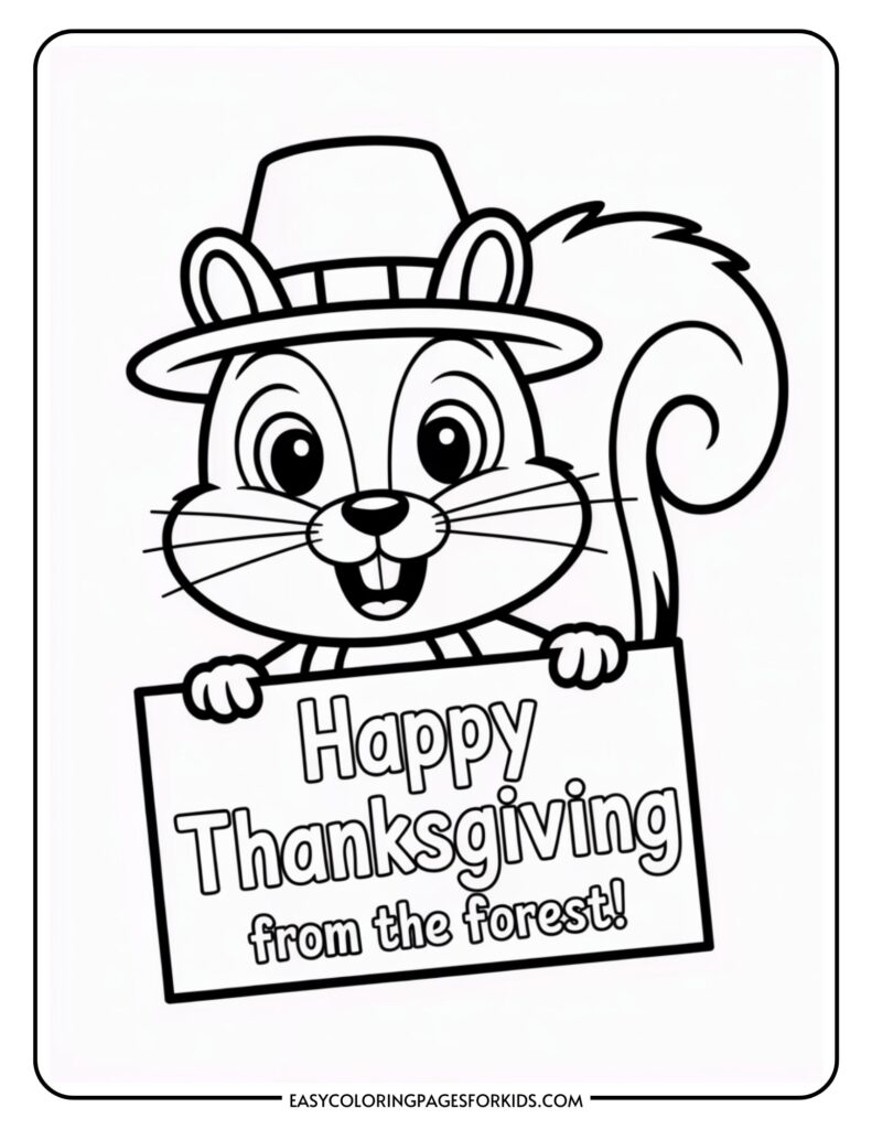A cartoon squirrel wearing a hat, holding a sign that says 'Happy Thanksgiving from the forest!'