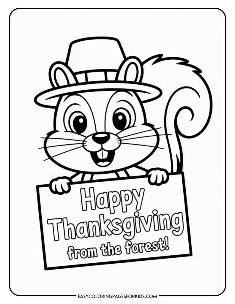 A cartoon squirrel wearing a hat, holding a sign that says 'Happy Thanksgiving from the forest!'