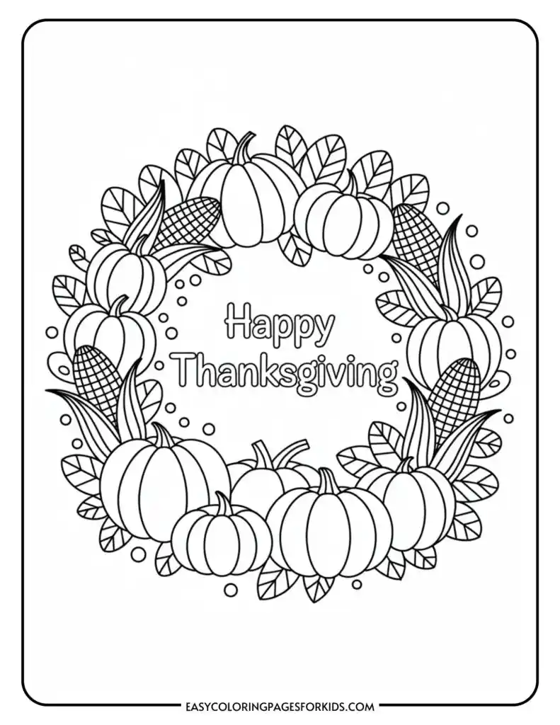 Coloring page with a wreath made of pumpkins, corn, and leaves surrounding the text 'Happy Thanksgiving.'