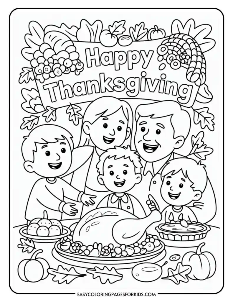 A family of five smiling around a Thanksgiving dinner table with a roasted turkey and pies, surrounded by autumn leaves and a cornucopia, with the words 'Happy Thanksgiving' above them in a coloring page style illustration.