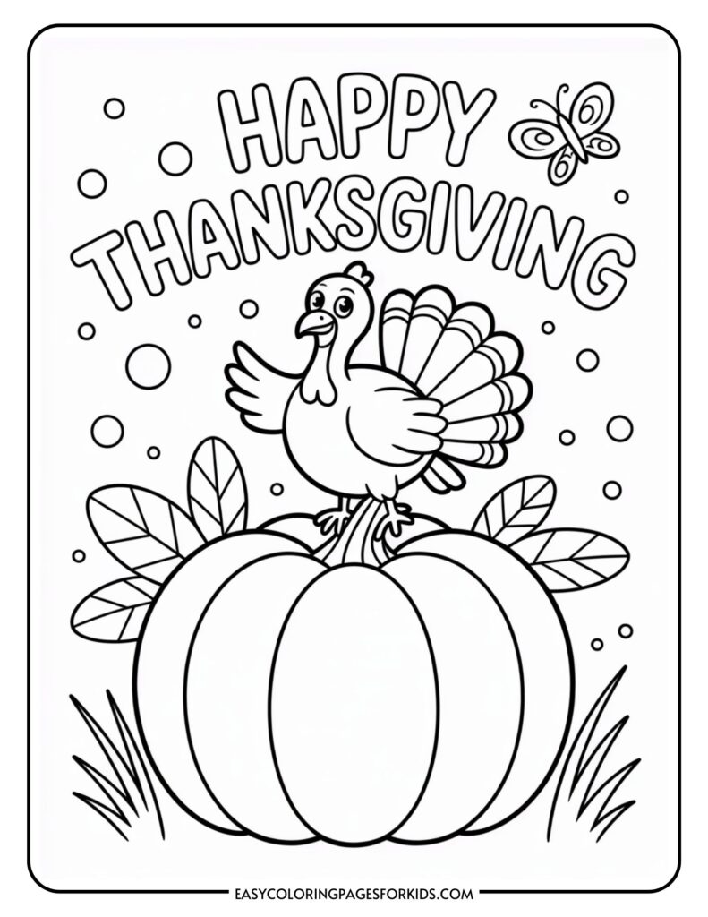 A turkey stands on a large pumpkin with leaves in the background. Above, the words 'Happy Thanksgiving' are written, with a butterfly nearby. The scene includes small circles, suggesting falling snow or confetti, in a coloring page style.
