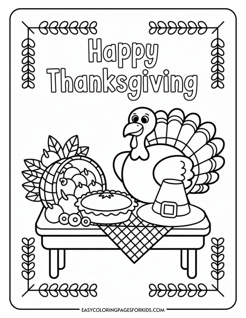A Thanksgiving-themed coloring page featuring a turkey standing beside a table with a pie, a cornucopia filled with fruits, and a hat, with the words 'Happy Thanksgiving' above.