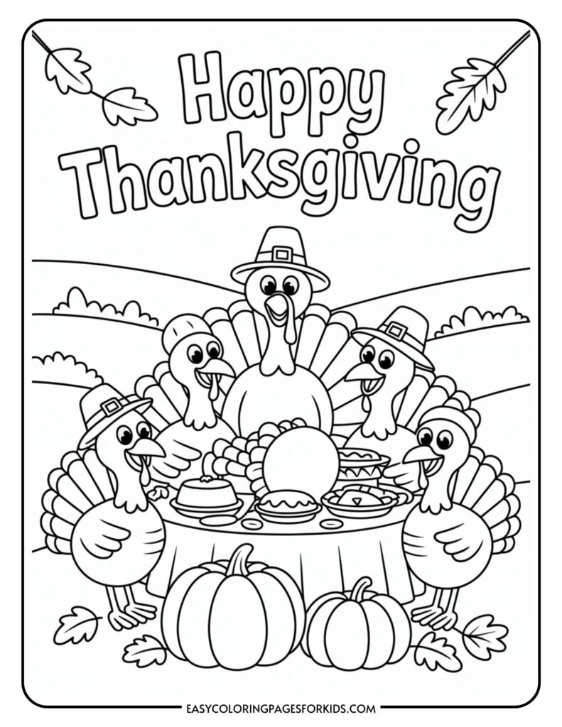 A Thanksgiving-themed coloring page featuring five cartoon turkeys wearing Pilgrim hats, gathered around a table filled with traditional holiday foods like pies and a large pumpkin, with autumn leaves and hills in the background; the text "Happy Thanksgiving" is displayed at the top.