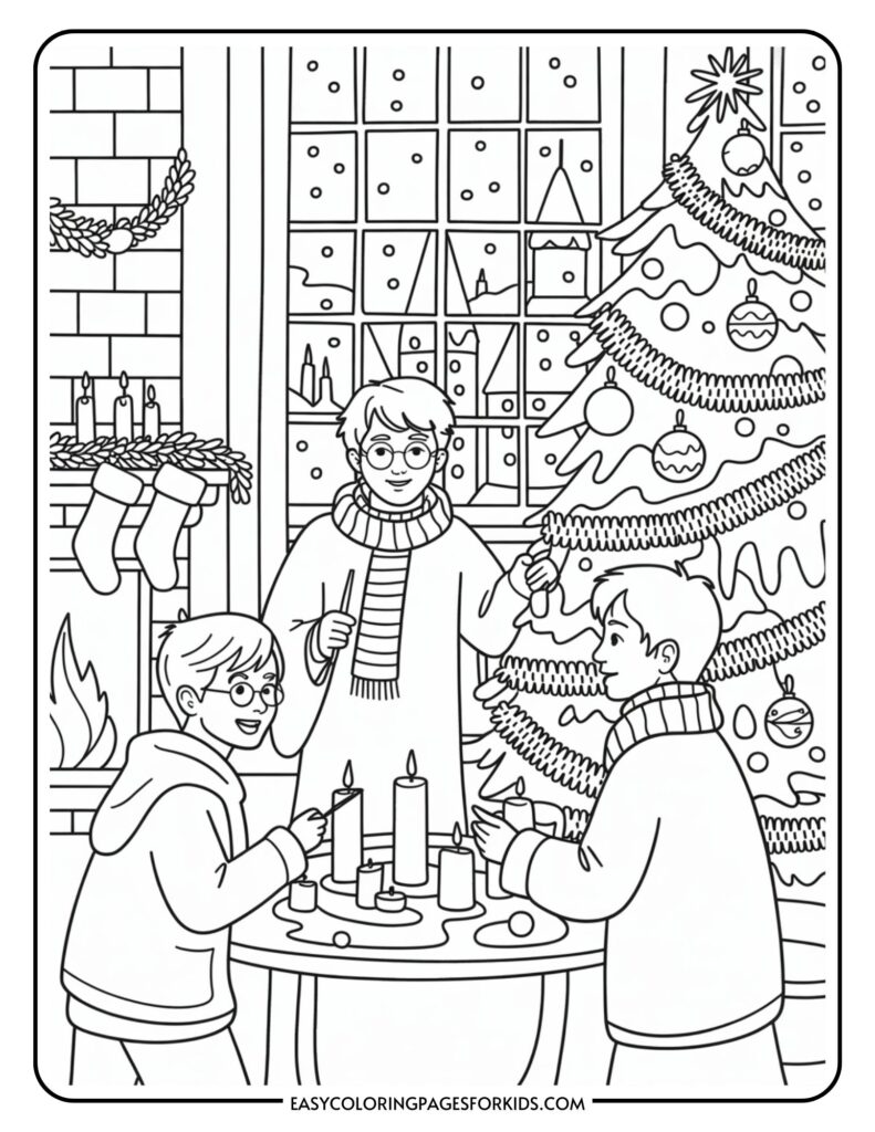 Three children in winter clothing, standing in front of a Christmas tree and a table with four candles, in a room decorated with stockings, a wreath, and a fireplace with a snowy scene visible through the window.