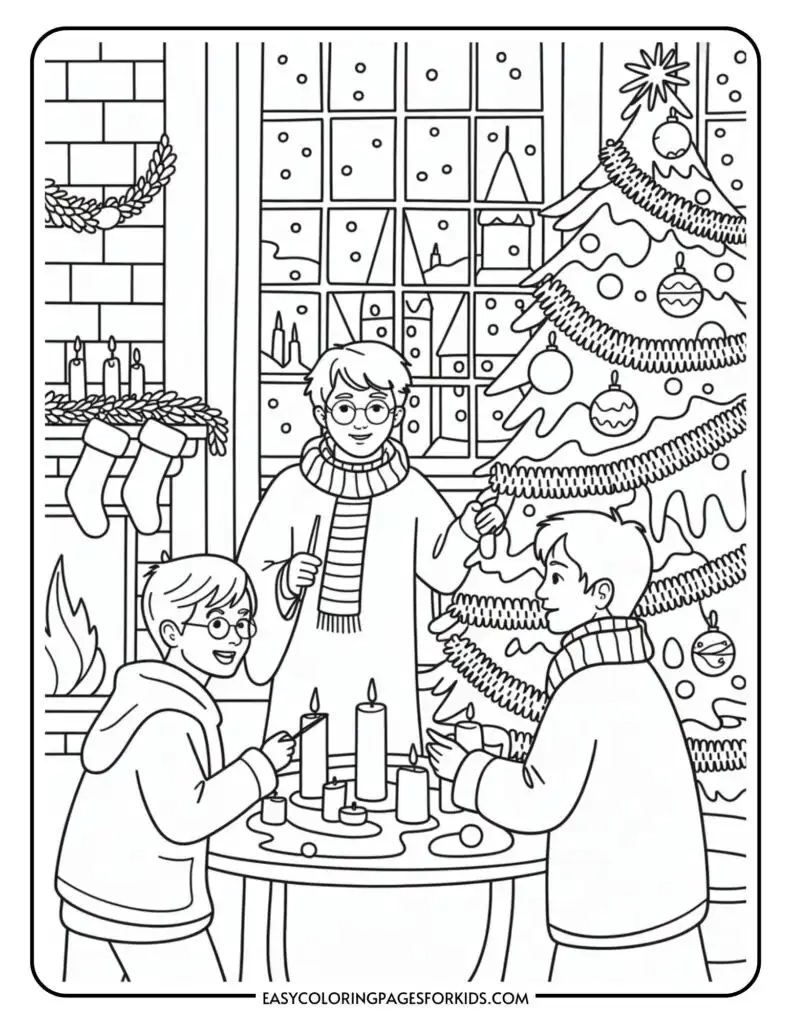 Three children in winter clothing, standing in front of a Christmas tree and a table with four candles, in a room decorated with stockings, a wreath, and a fireplace with a snowy scene visible through the window.