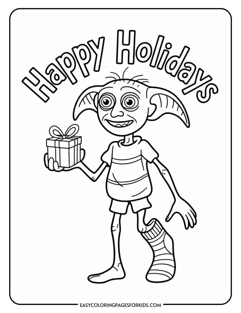 A cartoon elf wearing shorts, a shirt, and a single striped sock on one foot, holding a wrapped gift, with the words "Happy Holidays" above.