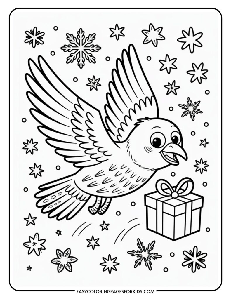 Coloring page depicting a bird flying with a wrapped gift box in its beak against a background of snowflakes and stars.