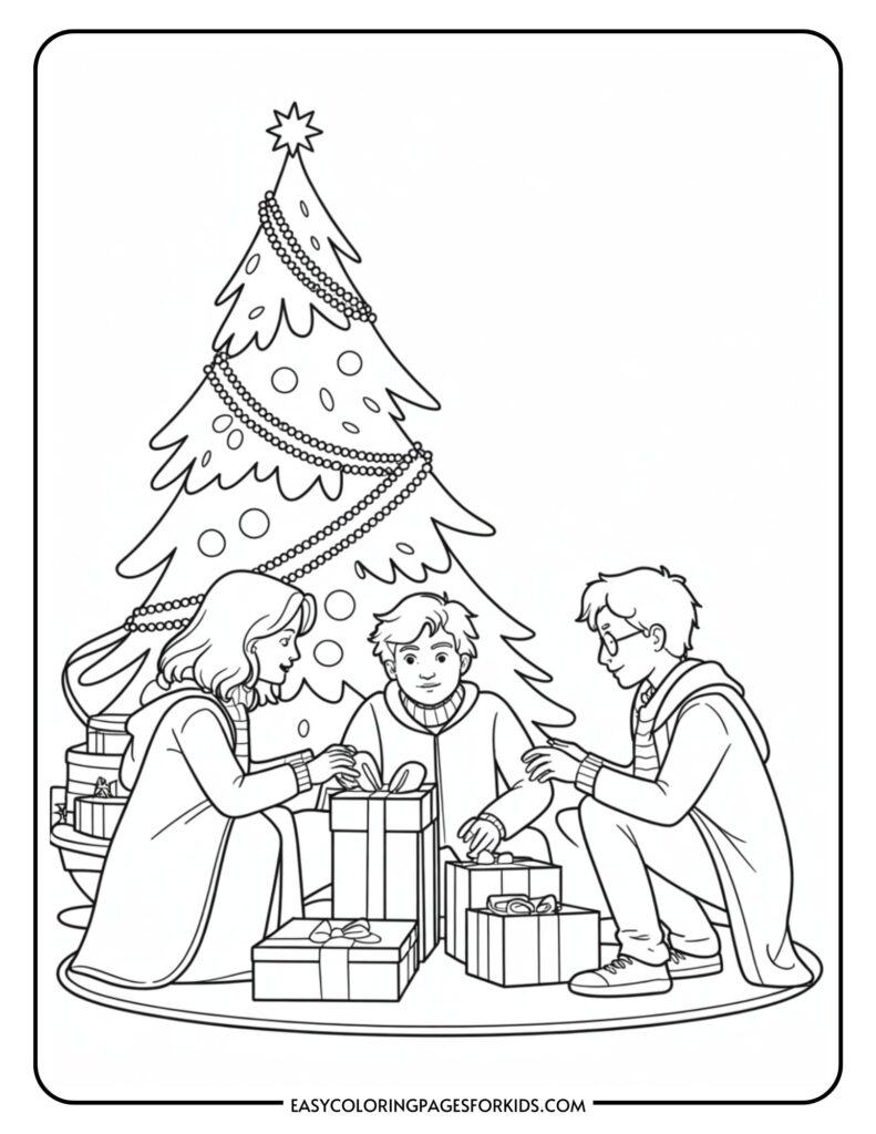 Children sitting around a decorated Christmas tree with wrapped gifts beneath it, engaged in opening presents.