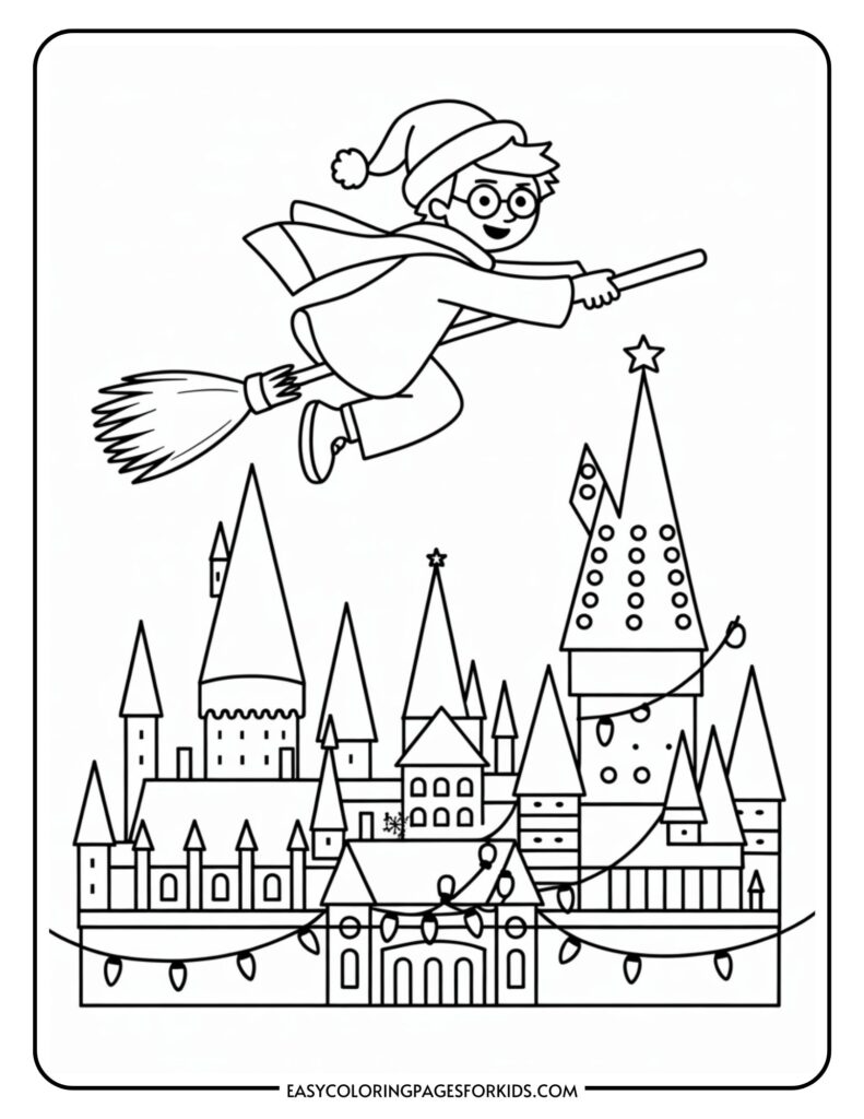 A cartoon character wearing glasses and a Santa hat is flying on a broomstick over a castle decorated with Christmas lights and a large Christmas tree.