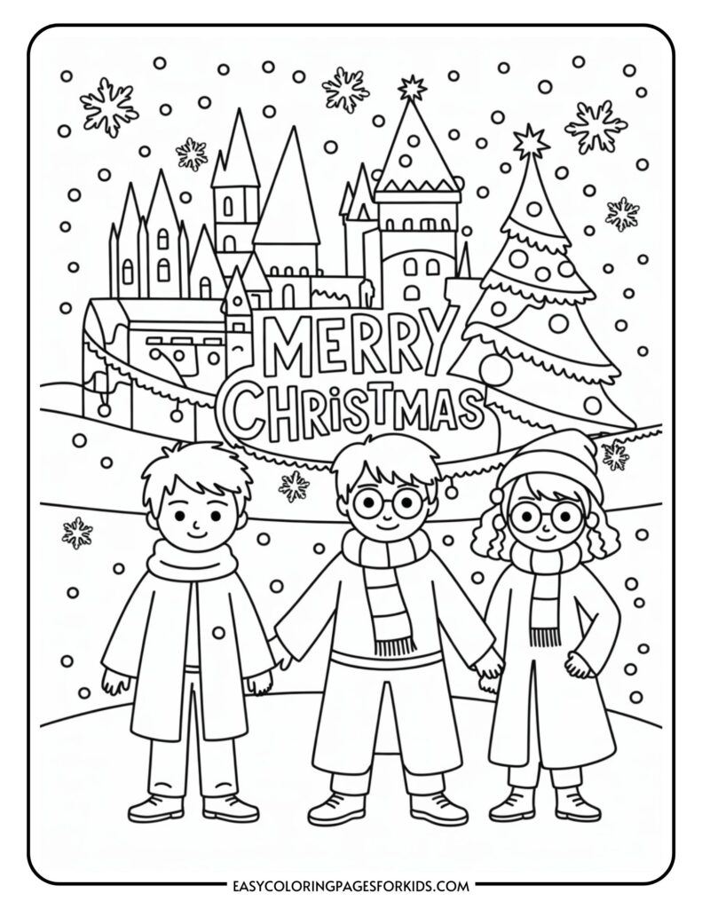 A coloring page featuring three children holding hands in front of a snow-covered landscape with a castle and a decorated Christmas tree. The scene is captioned with "MERRY CHRISTMAS" and is adorned with falling snowflakes.