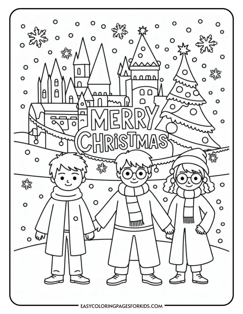 A coloring page featuring three children holding hands in front of a snow-covered landscape with a castle and a decorated Christmas tree. The scene is captioned with "MERRY CHRISTMAS" and is adorned with falling snowflakes.