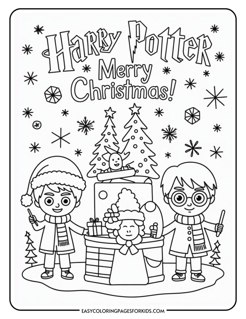 A black-and-white coloring page with a festive theme, featuring two cartoon characters holding magic wands in front of a Christmas tree and fireplace. The top text reads 'Harry Potter Merry Christmas!' with snowflakes and decorations surrounding the scene.