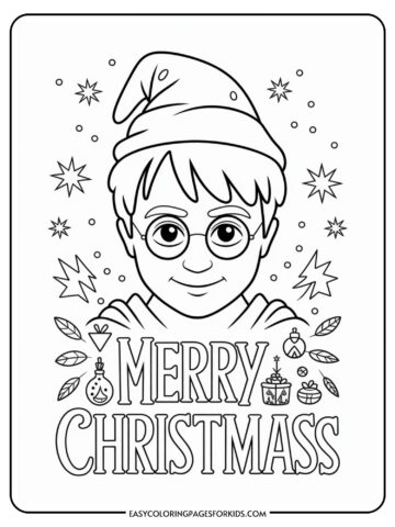 Black and white coloring page featuring a cartoon character wearing glasses and a Santa hat, surrounded by stars and small Christmas decorations, with the words 'Merry Christmas' below.